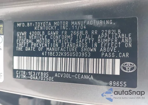 2005 Toyota Camry Le z USA, uszkodzony, nr VIN 4T1BE32K95U503953